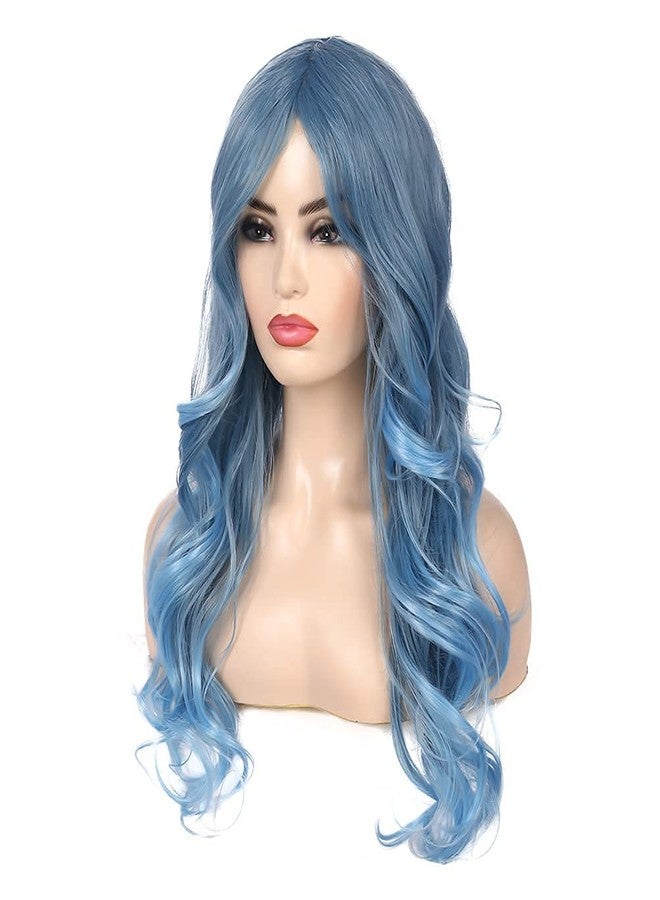 Beweig Blue Wig for Women Long Curly Wavy Pastel Blue Wig Side Part Synthetic Halloween Cosplay Wig with Wig Cap - Image 5